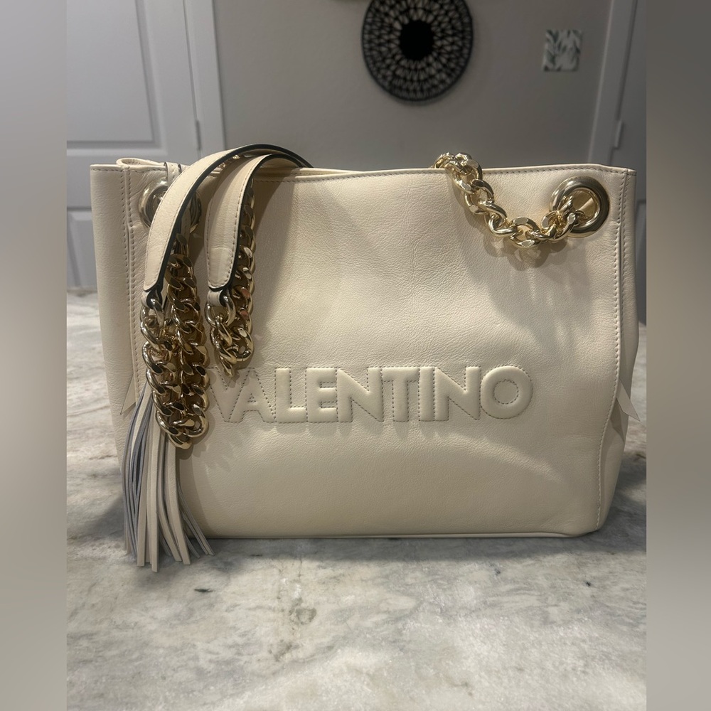 Valentino Creamy White Leather Shoulder Bag with Gold Chain